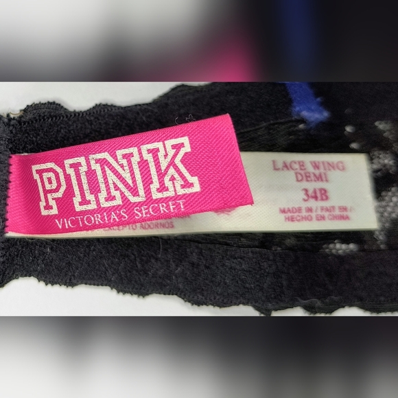 Victoria's Secret PINK Elegant Black and Blue Polka Dot Lace Wing Demi Bra, 34B - Picture 4 of 8